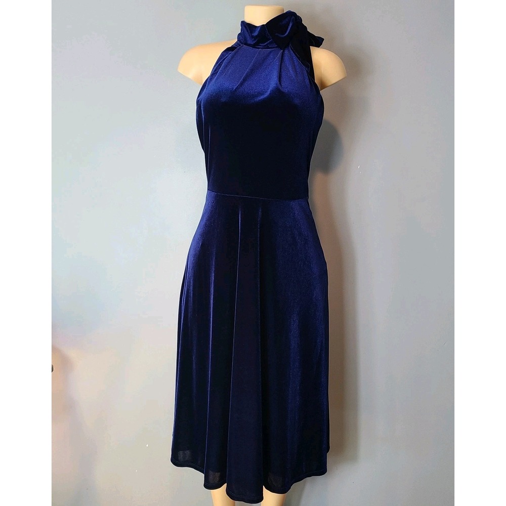 BLACK HALO Audrey Velvet High Neck Midi Dress Navy Blue Womens Size 6 Holiday